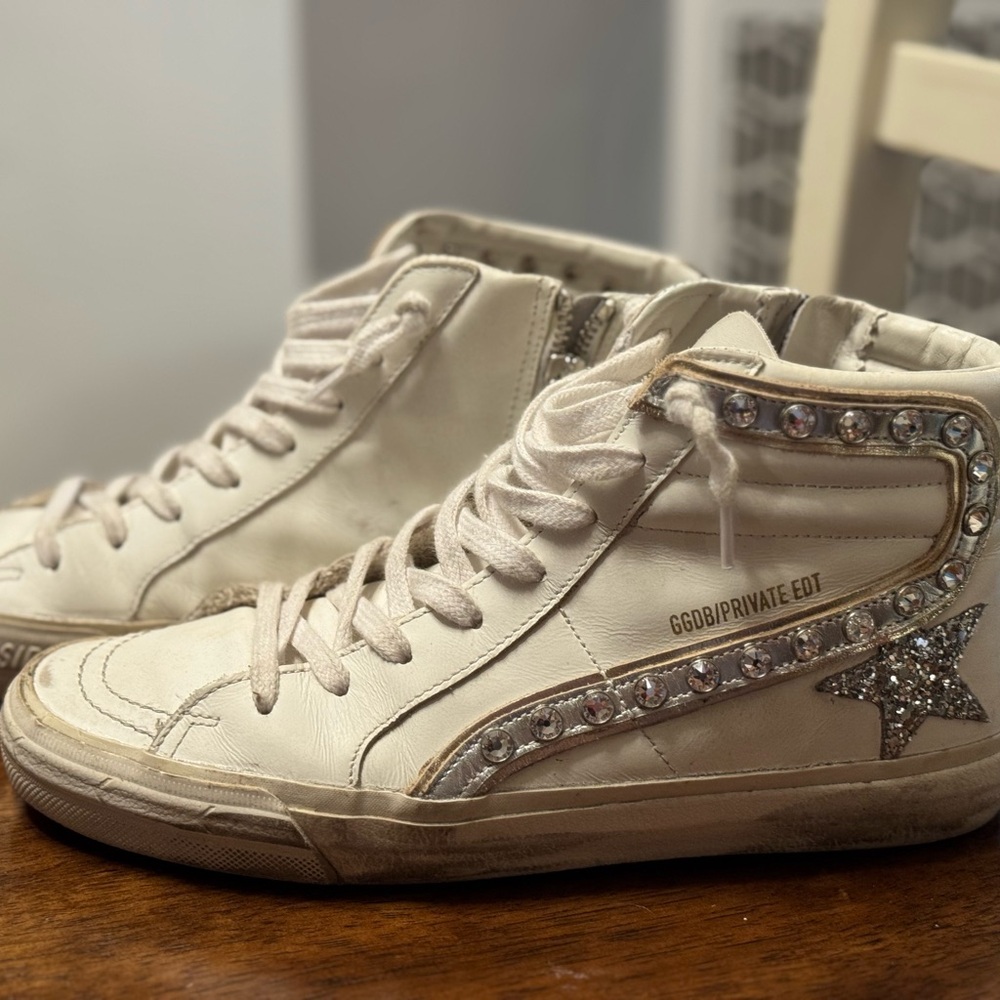 Golden Goose Women's Cream High-Top Sneakers with Silver Accents